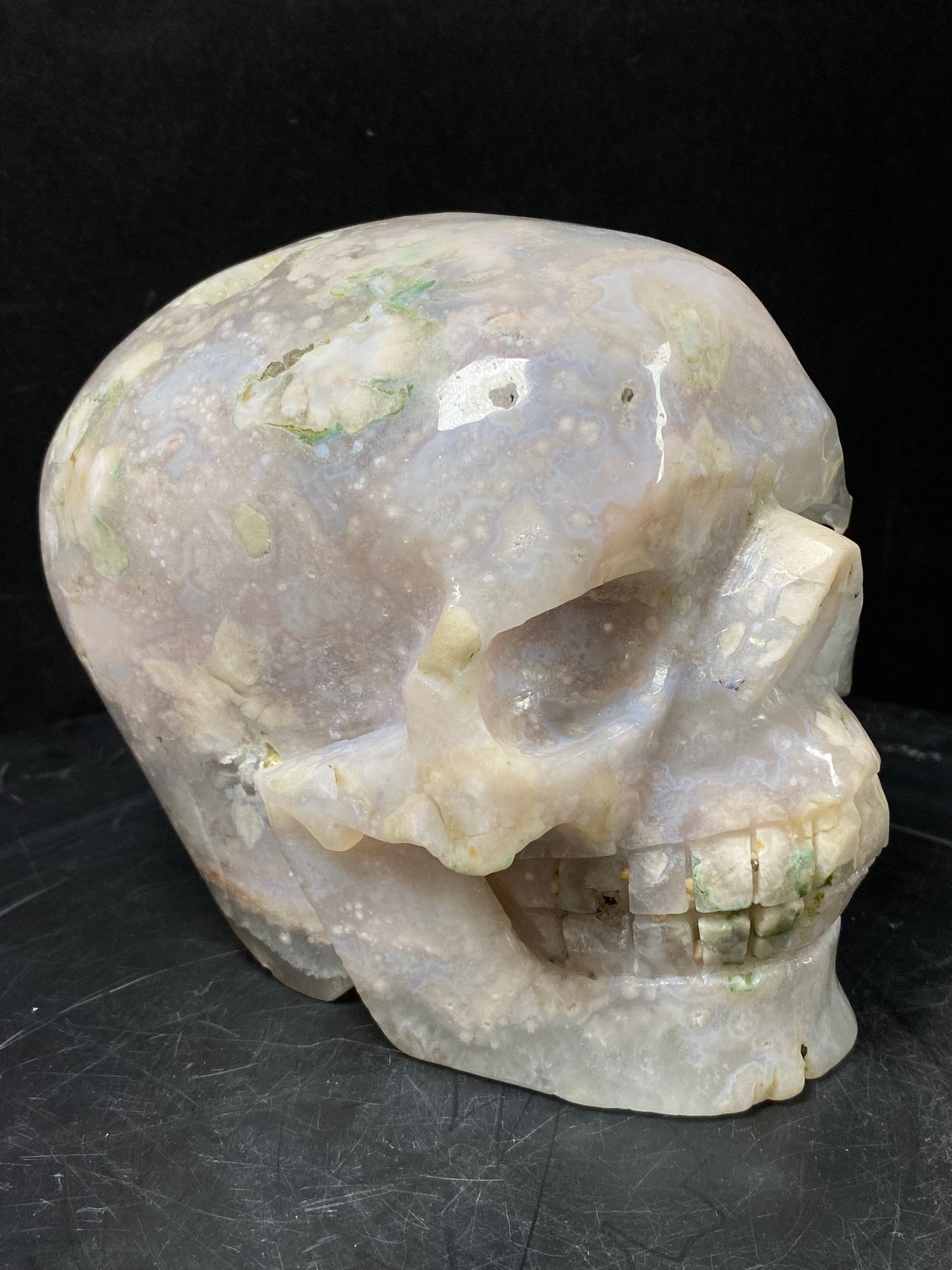 107-Flower agate skull #3201