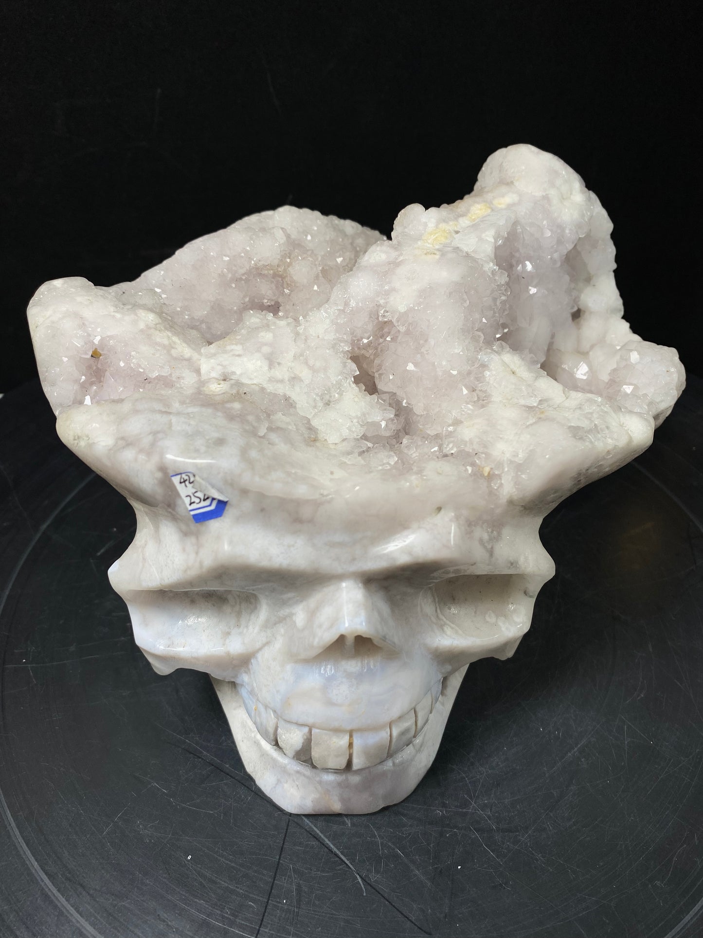 109-Pink amethyst clusters skull #4204