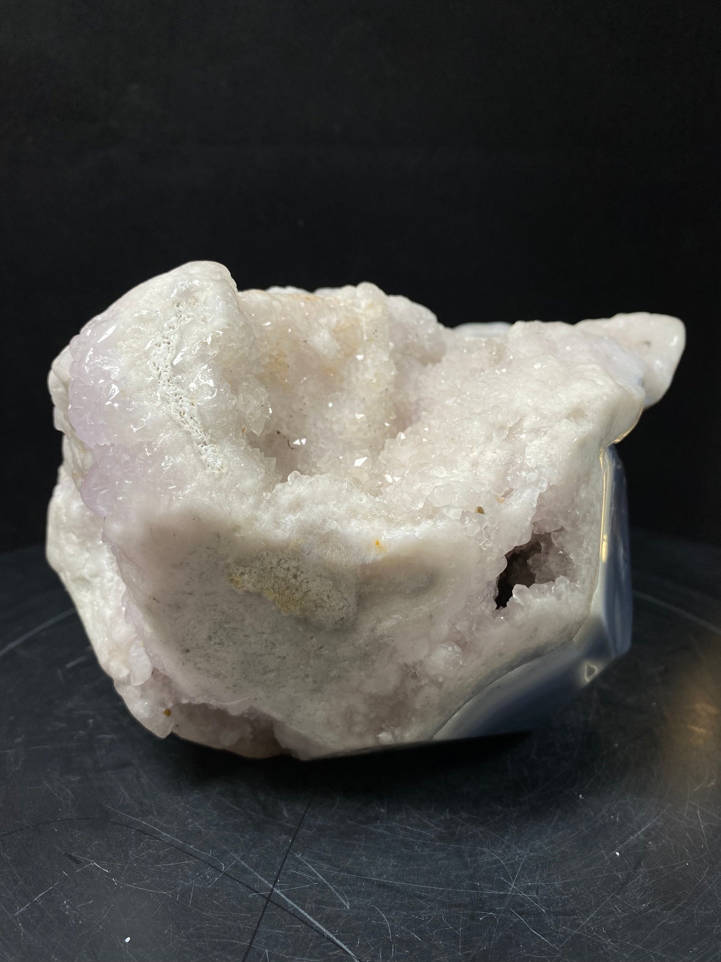 109-Pink amethyst clusters skull #4204