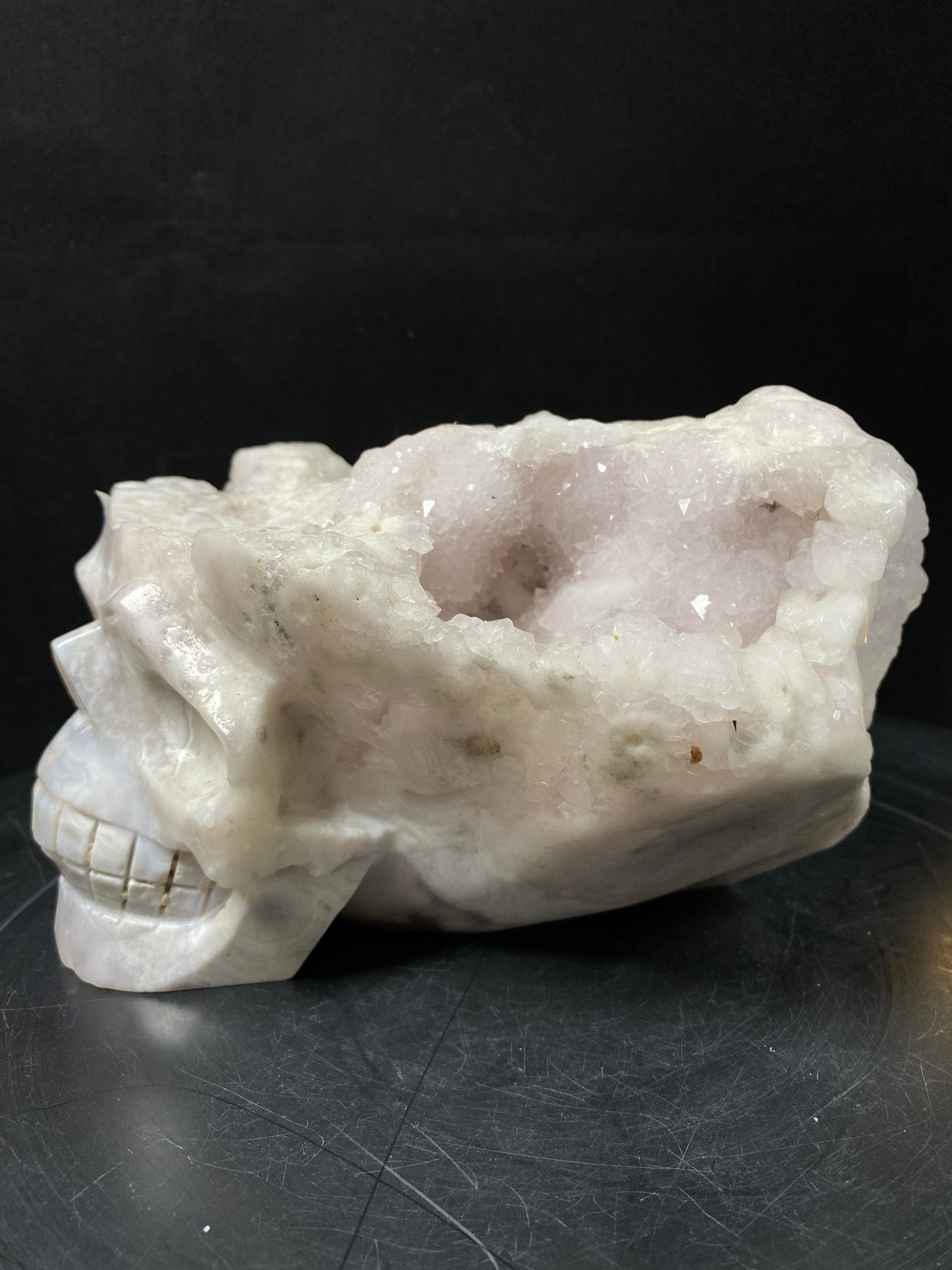 109-Pink amethyst clusters skull #4204