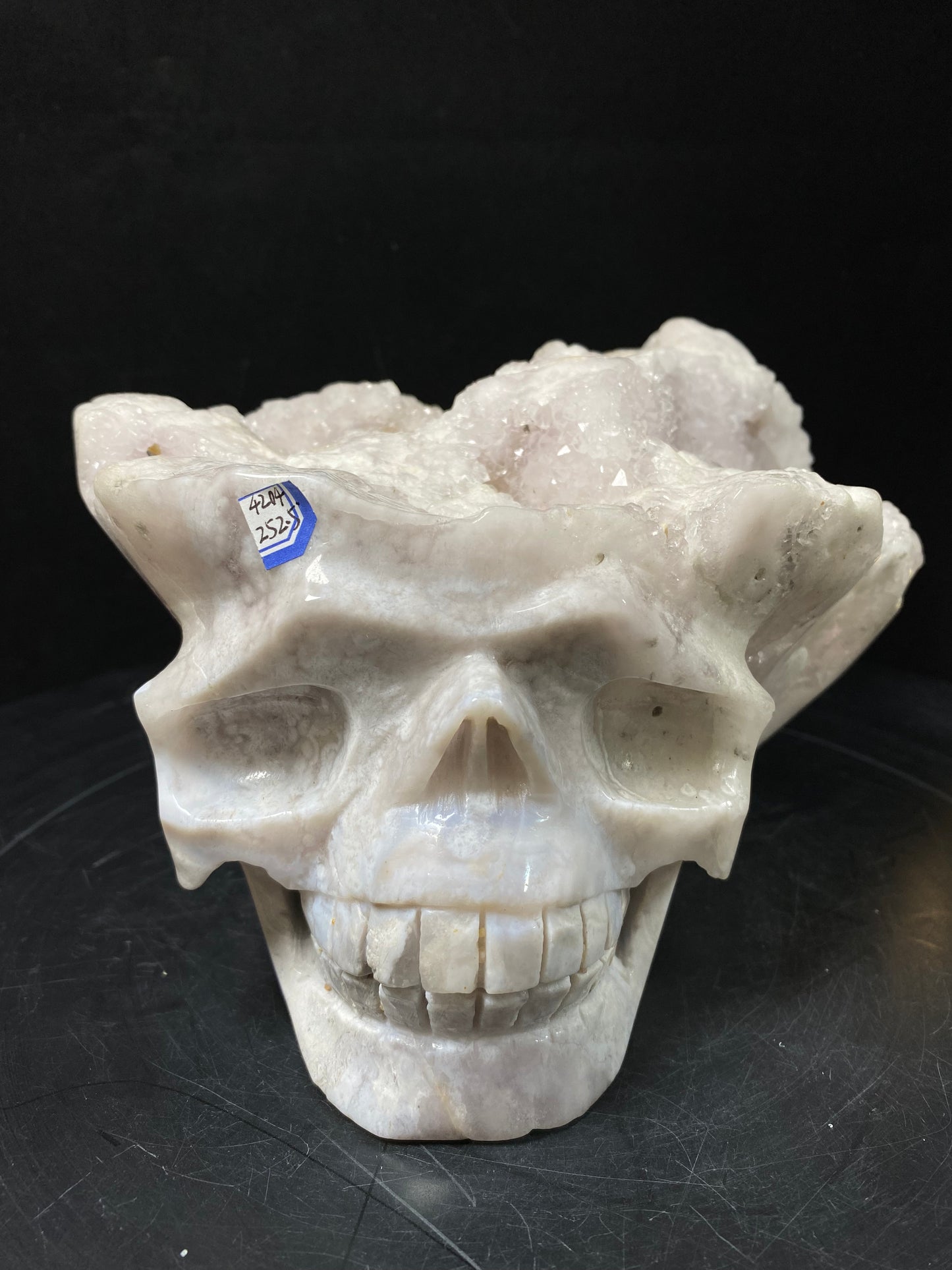 109-Pink amethyst clusters skull #4204