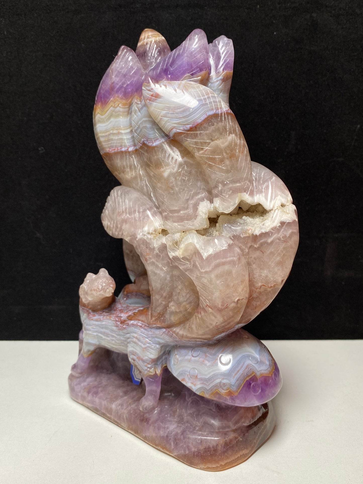090-Banded amethyst agate nine tails fox carving #1806
