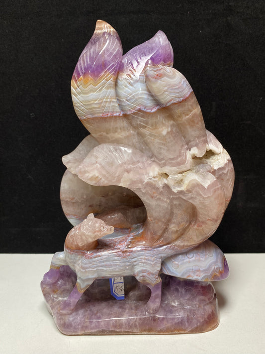 090-Banded amethyst agate nine tails fox carving #1806