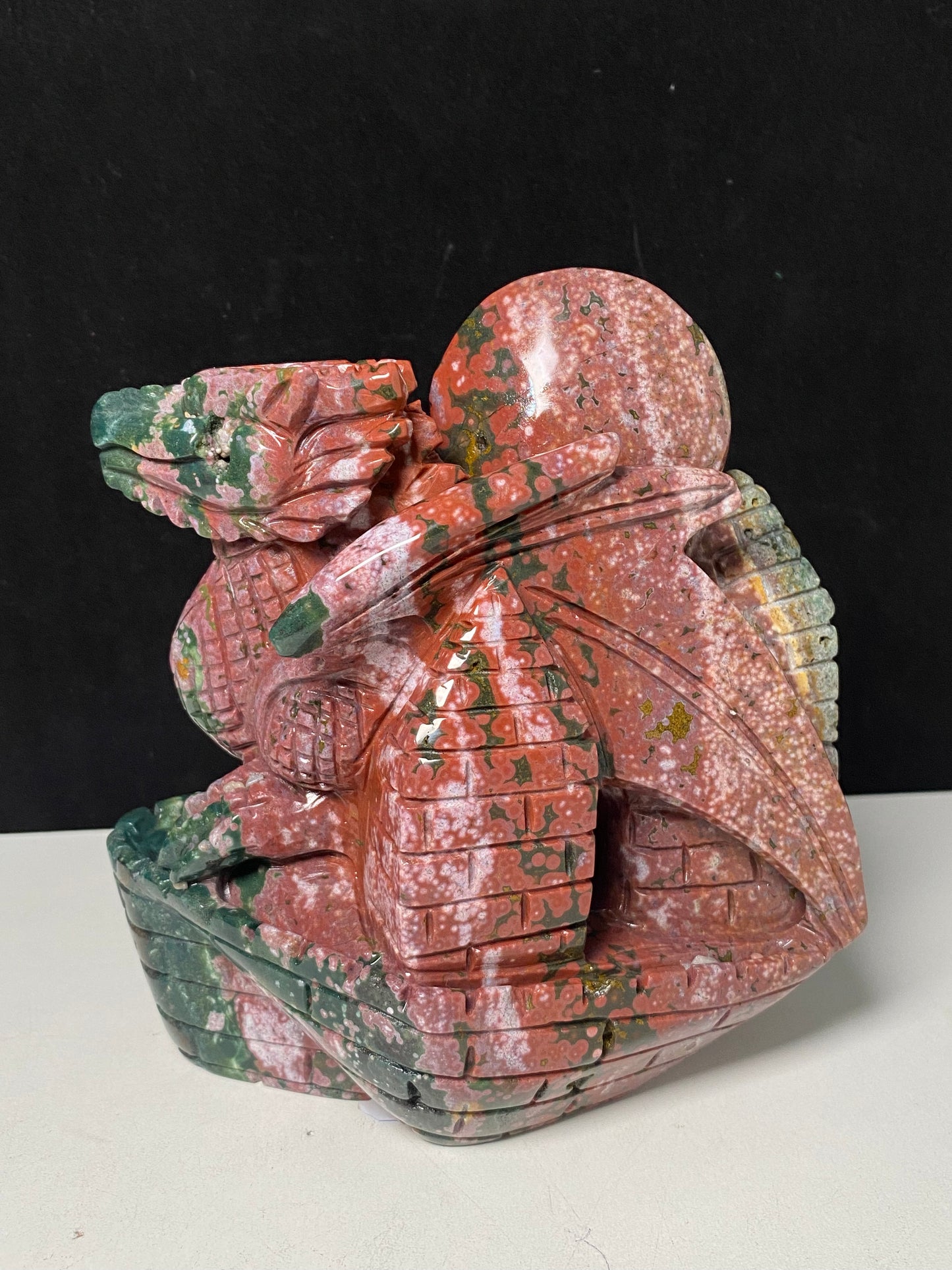 Colorful ocean jasper flying dragon on castle carving #1847
