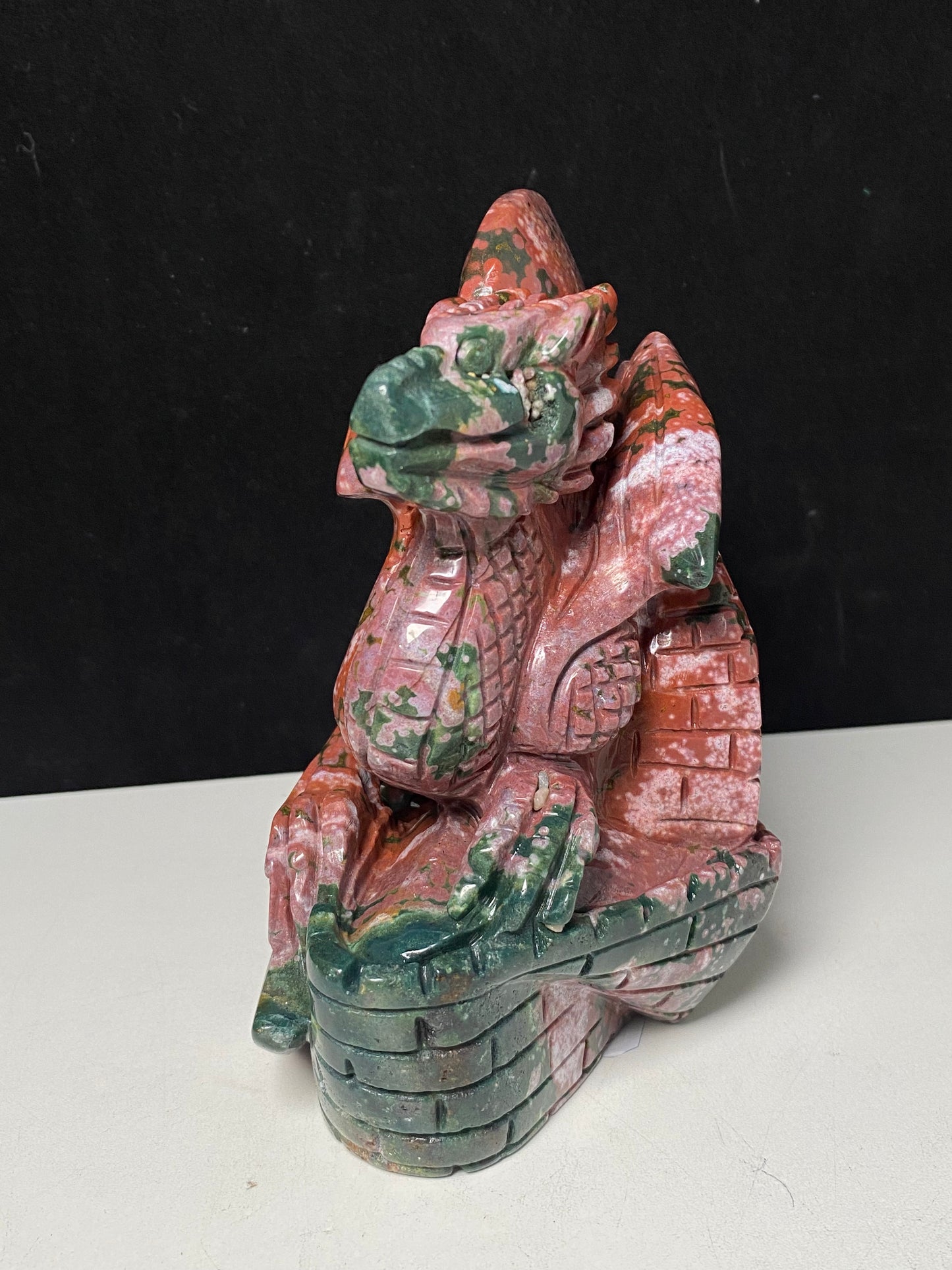 Colorful ocean jasper flying dragon on castle carving #1847