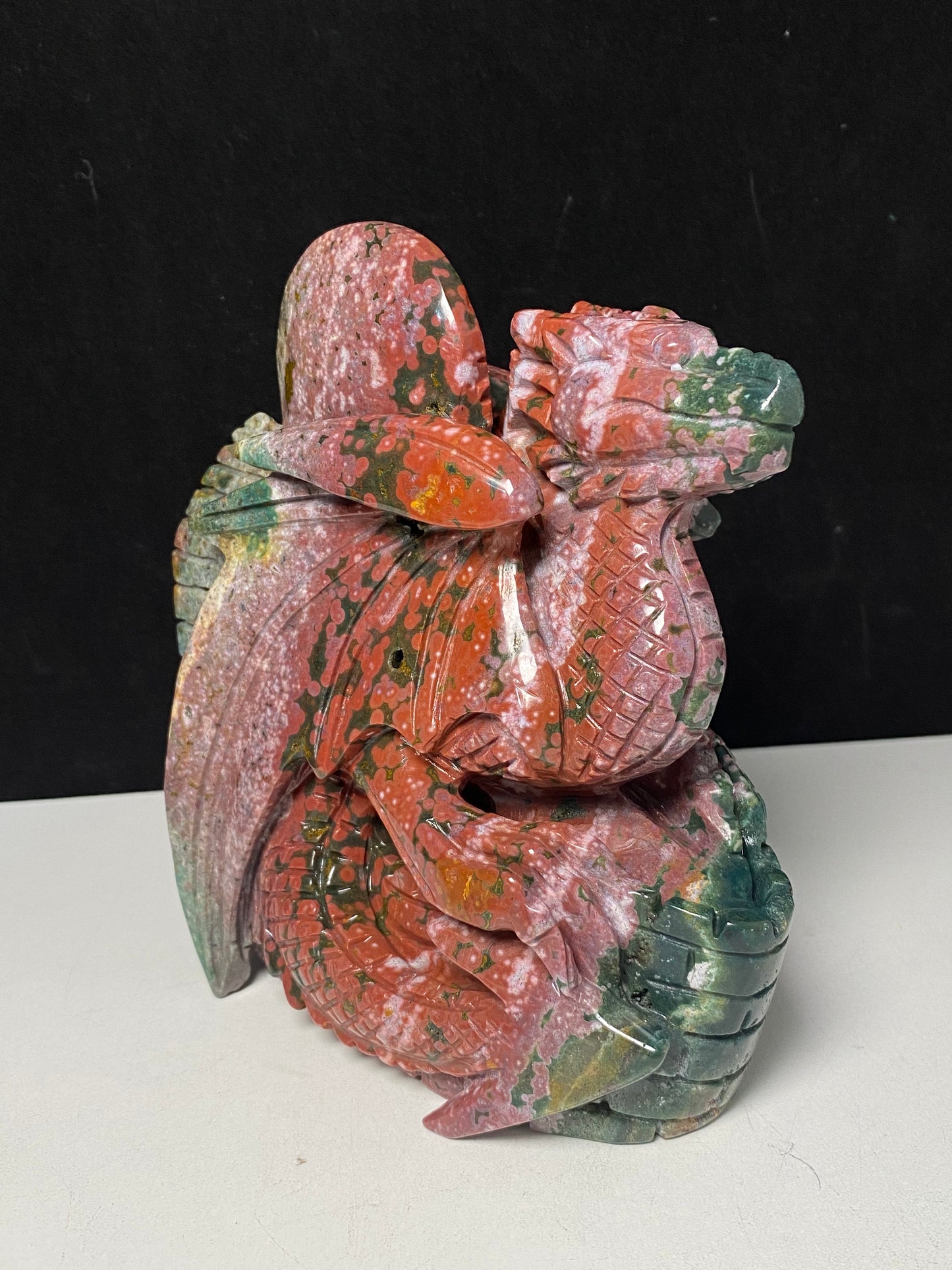 Colorful ocean jasper flying dragon on castle carving #1847