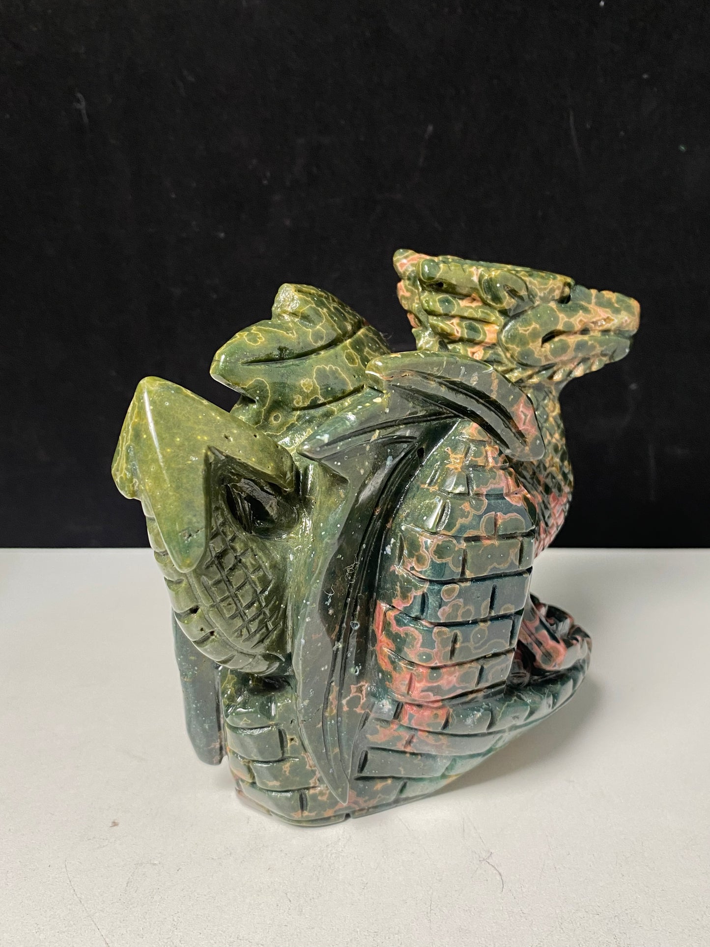 078-Ocean jasper flying dragon on castle carving #1074