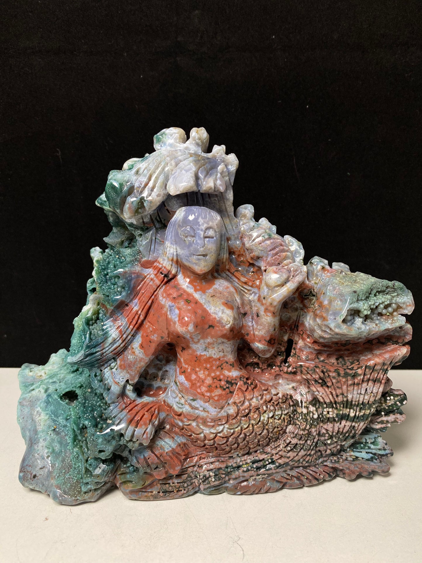 054-Ocean jasper with circles mermaid carving #1804