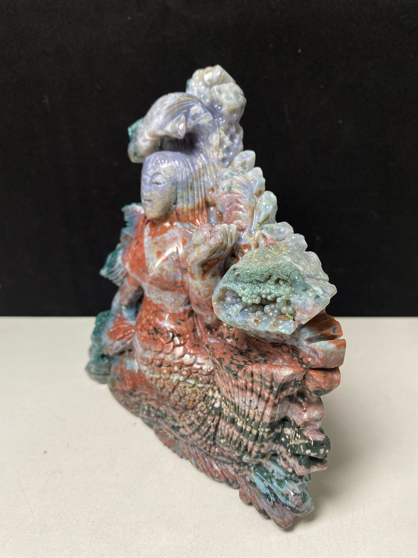 054-Ocean jasper with circles mermaid carving #1804