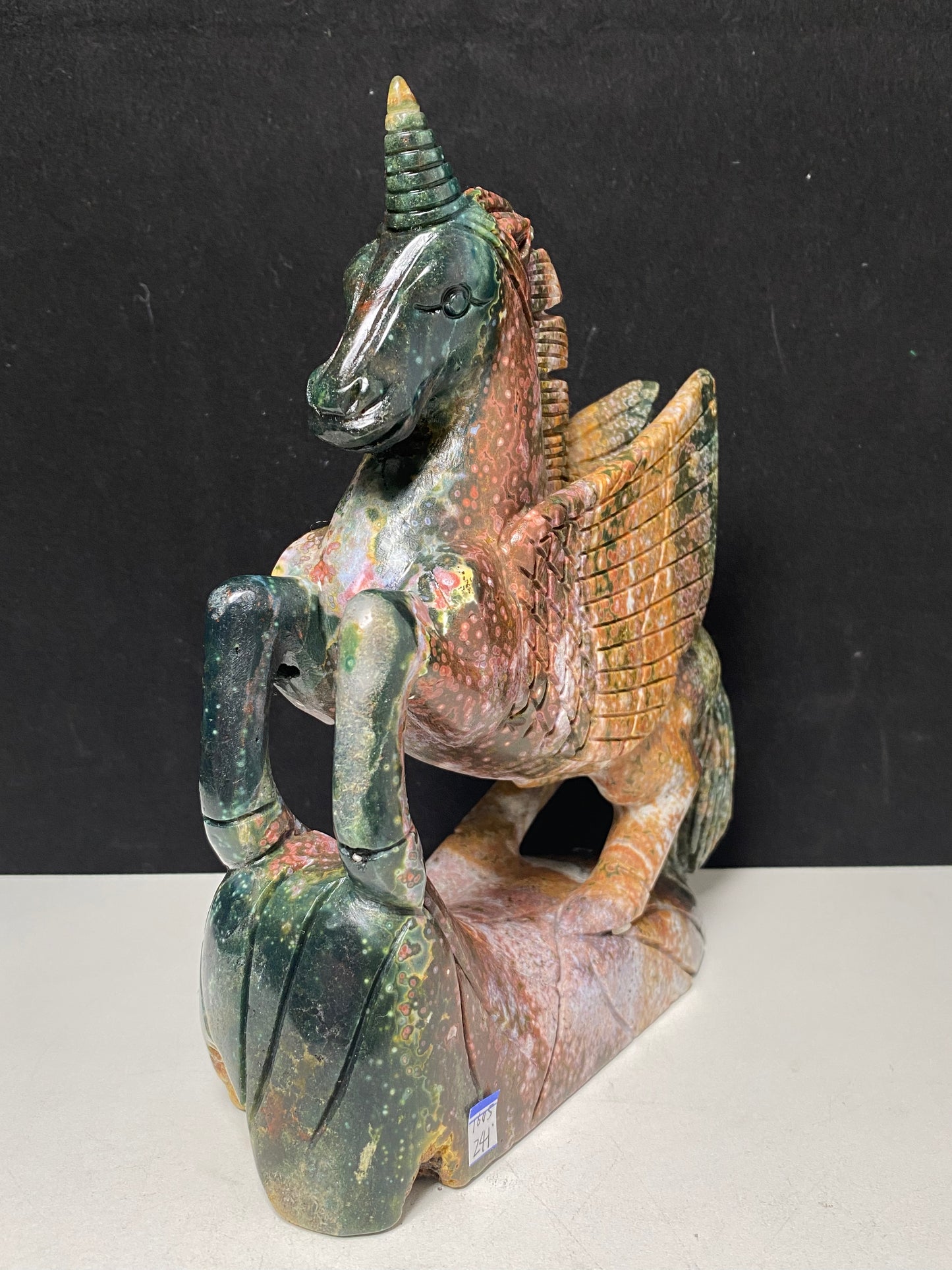 069-Ocean jasper with circles unicorn carving #1605