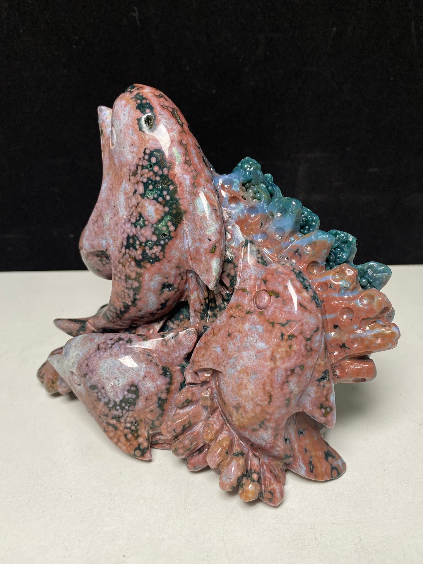 062-Ocean jasper three dolphins carving #1291