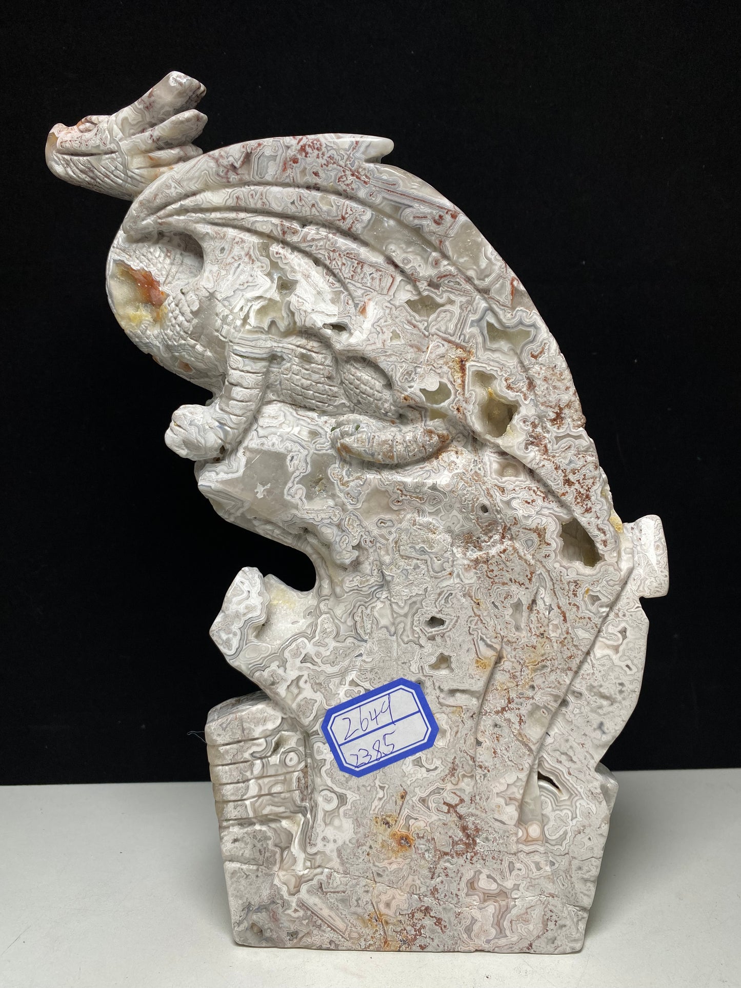 Mexican agate flying dragon on castle carving #2649