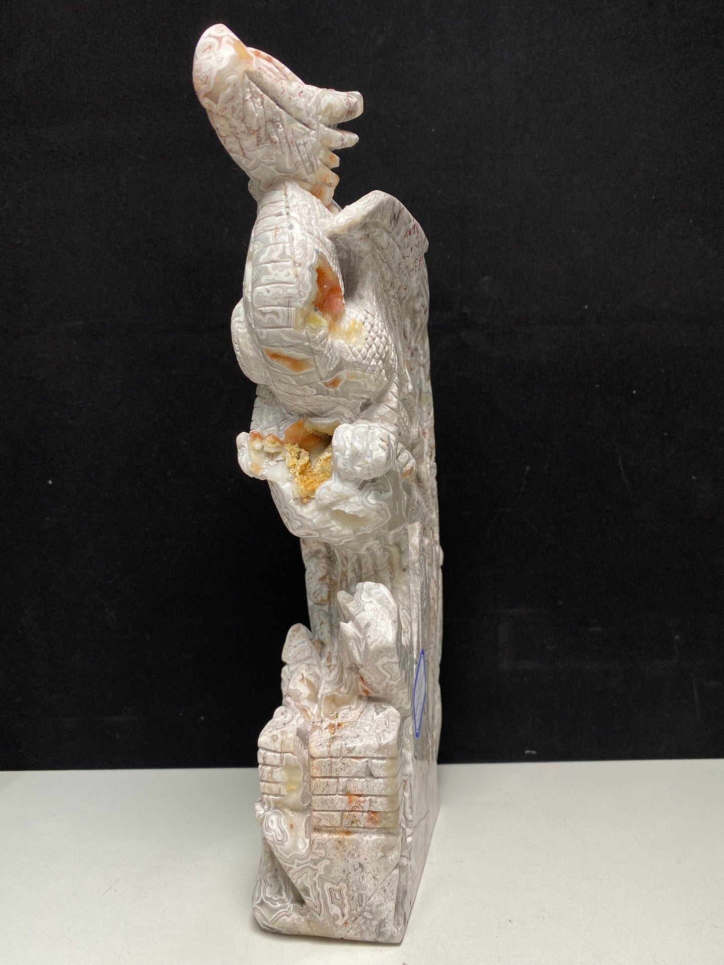 Mexican agate flying dragon on castle carving #2649