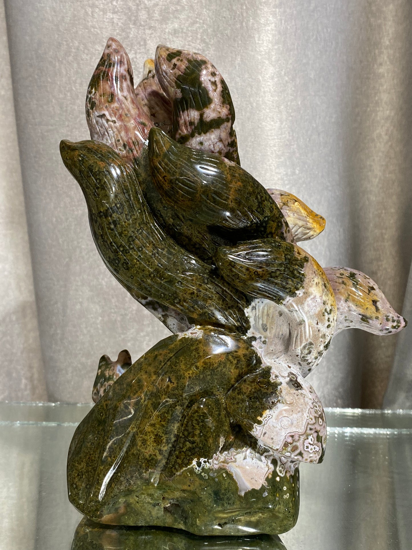 056-Ocean jasper ninetails fox carving #1749