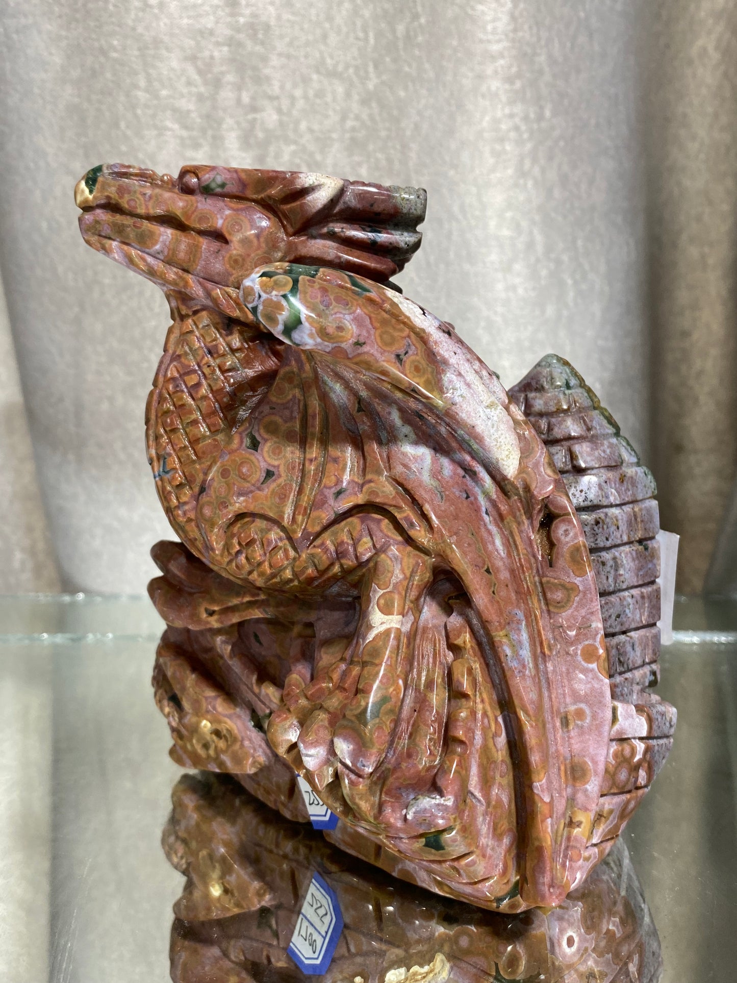 063-Ocean jasper flying dragon on castle carving #1700