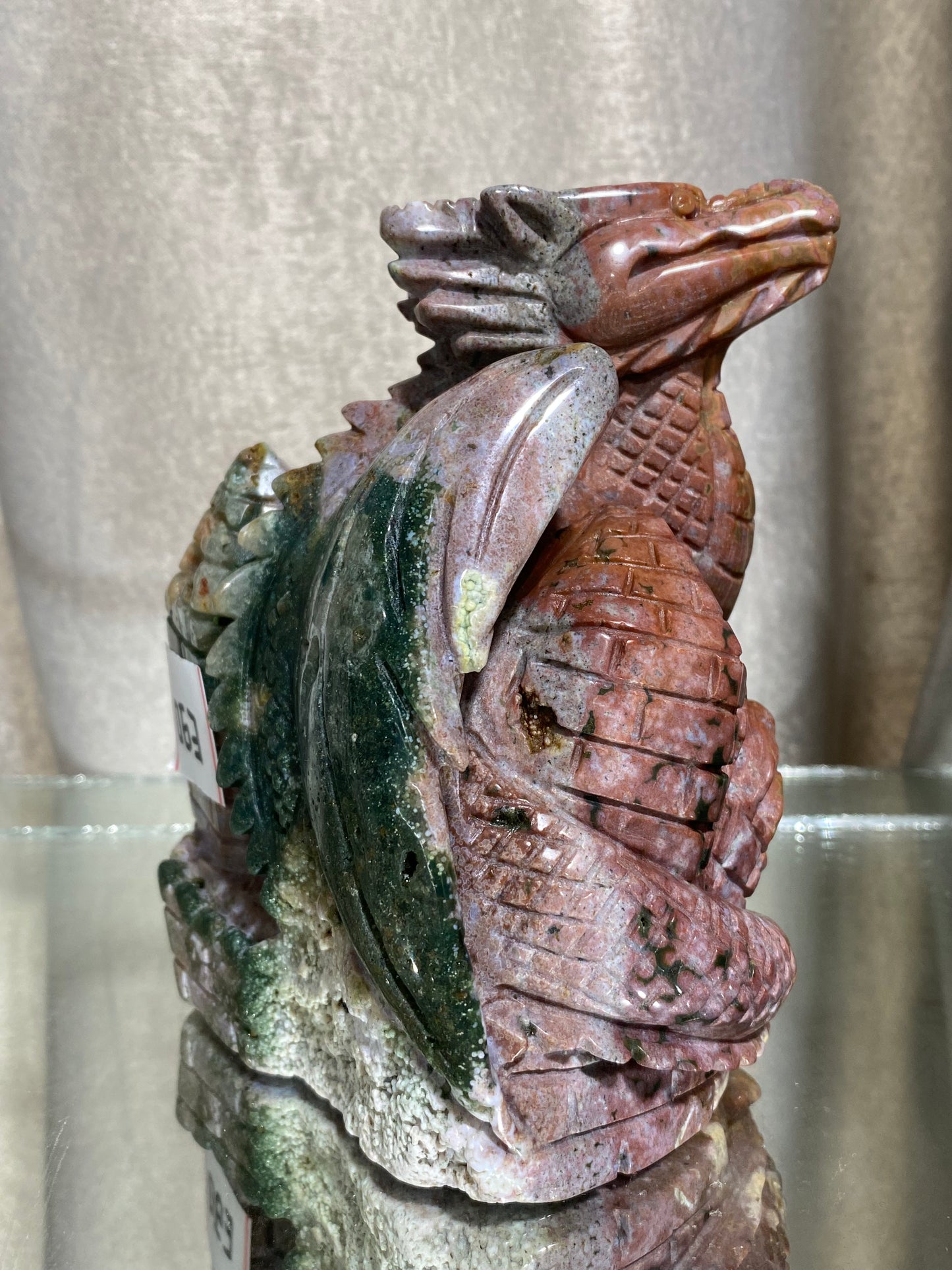 063-Ocean jasper flying dragon on castle carving #1700