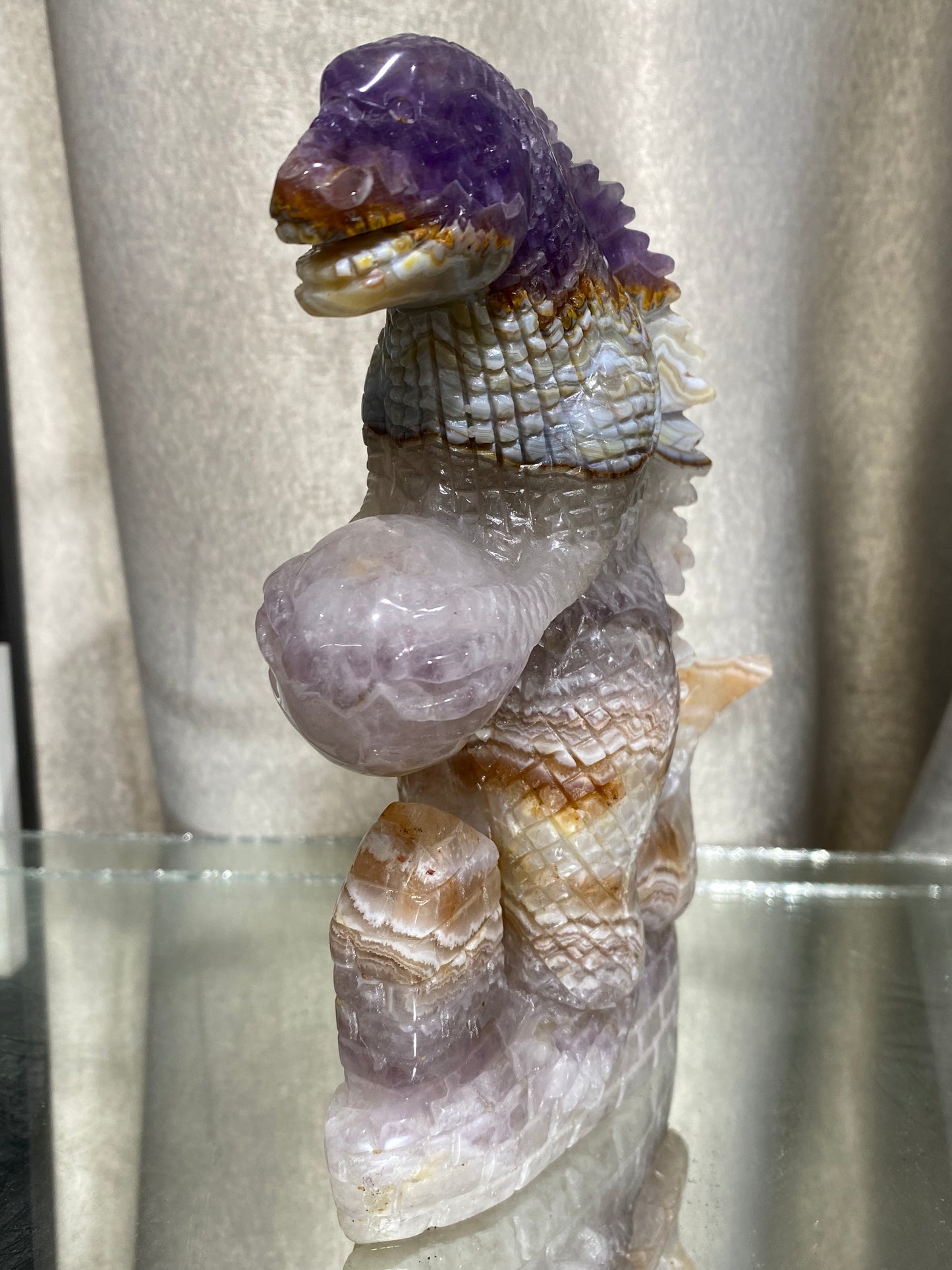089-Banded amethyst agate dinosaur carving #1732