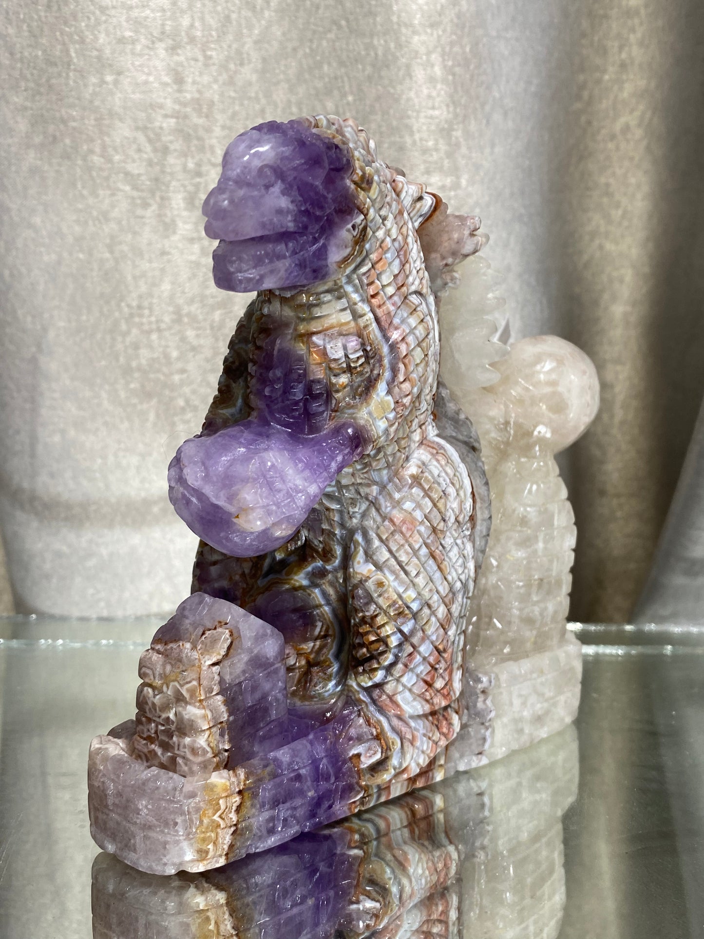 096-Banded amethyst agate dinosaur carving #1551