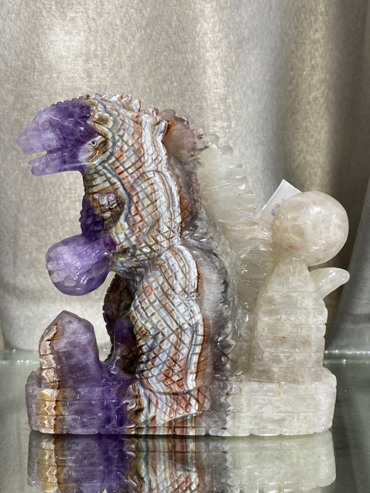 096-Banded amethyst agate dinosaur carving #1551