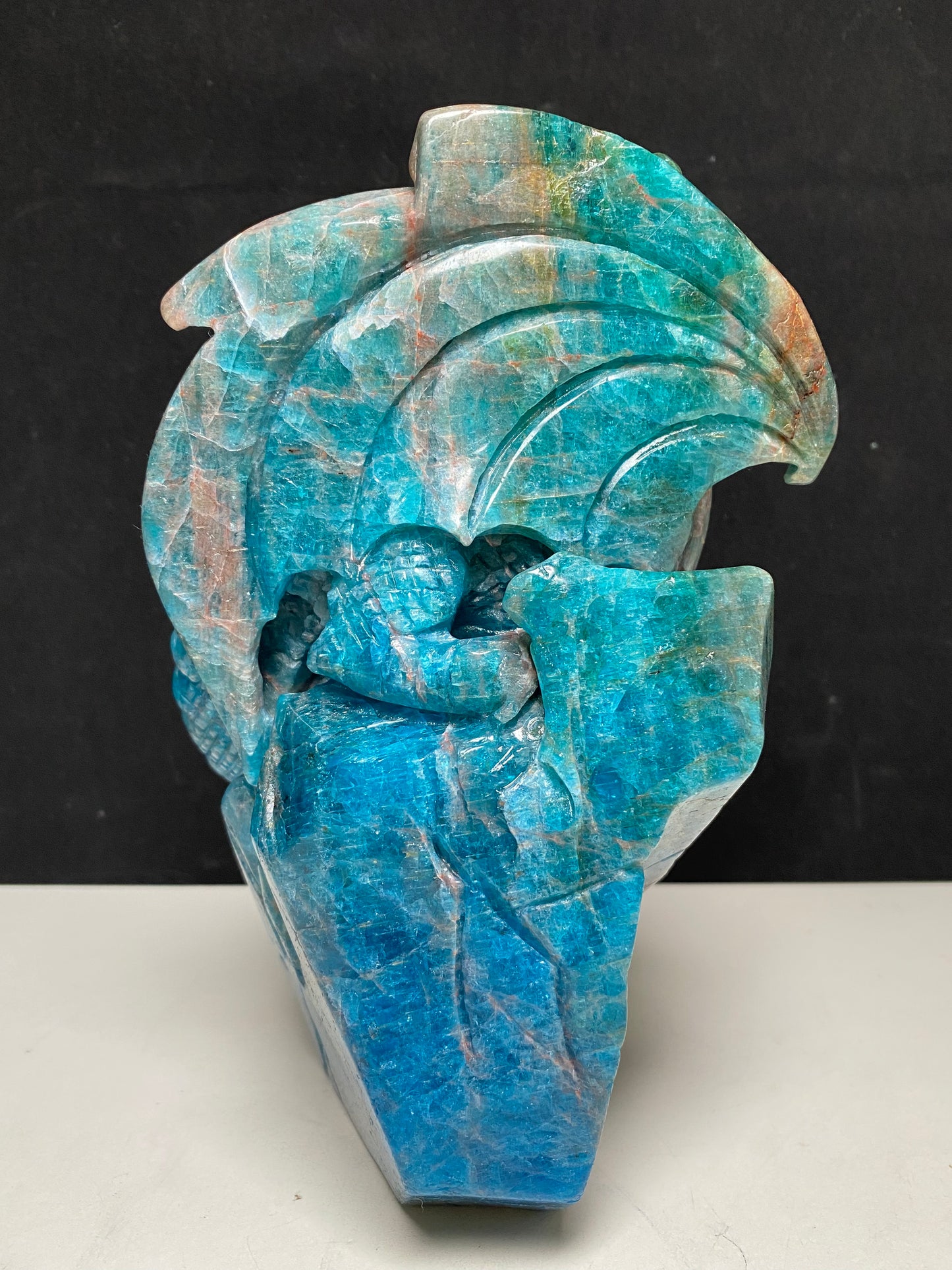 Blue apatite flying dragon on castle carving #2919