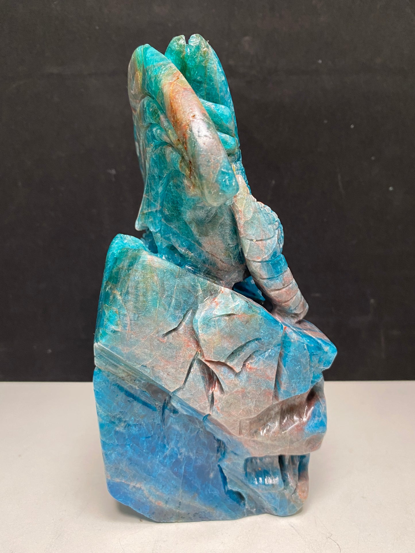 Blue apatite flying dragon on castle carving #2919