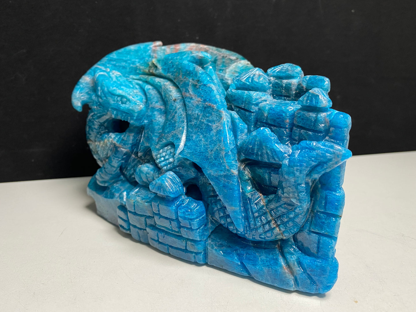 Blue apatite flying dragon on castle carving #2344