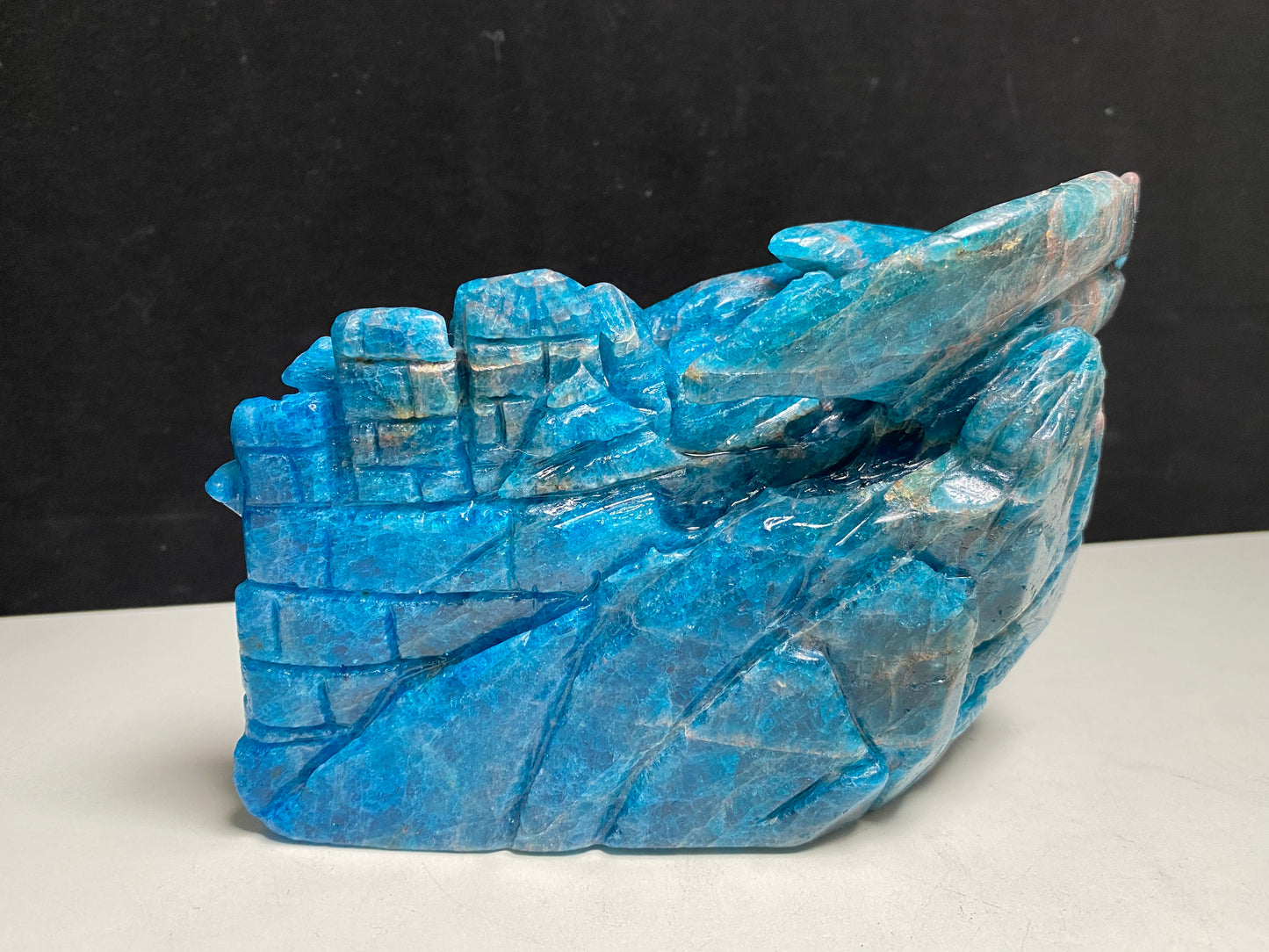Blue apatite flying dragon on castle carving #2344