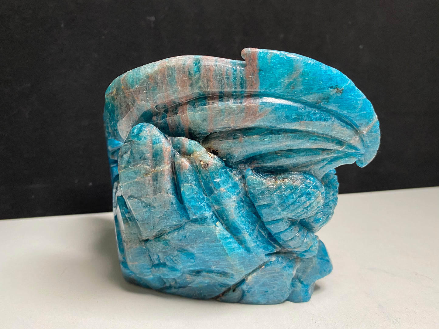 Blue apatite flying dragon on castle carving #2344