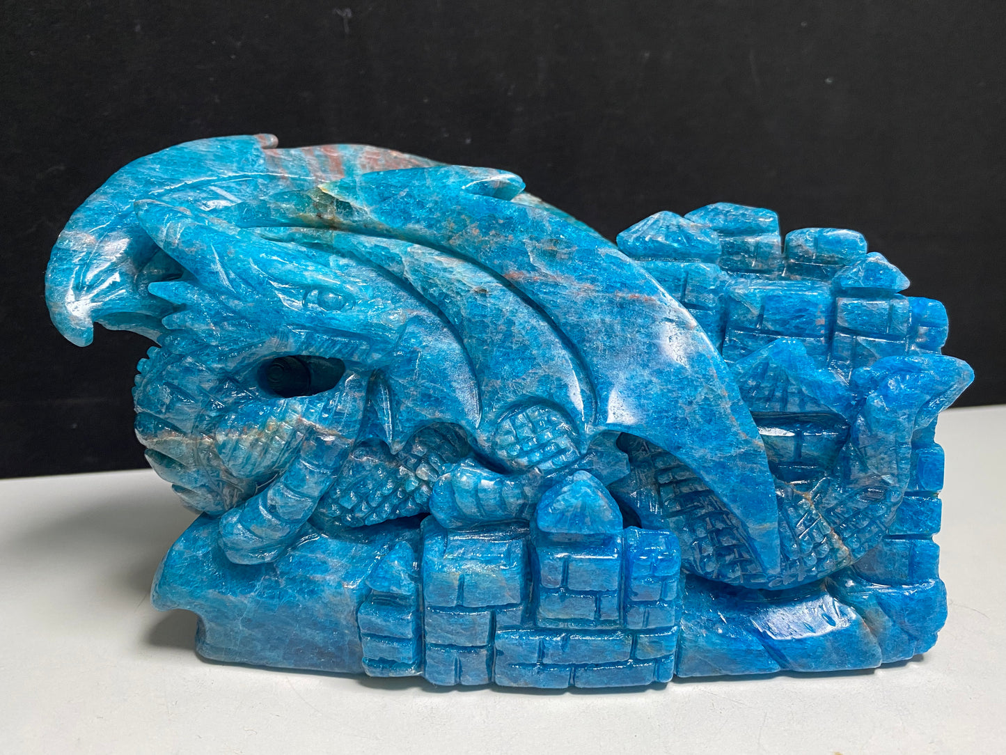 Blue apatite flying dragon on castle carving #2344