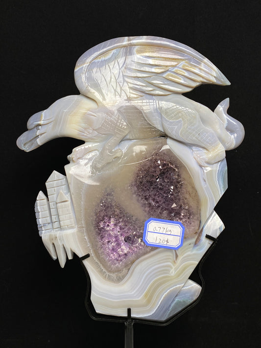 Amethyst agate griffin on castle with stand