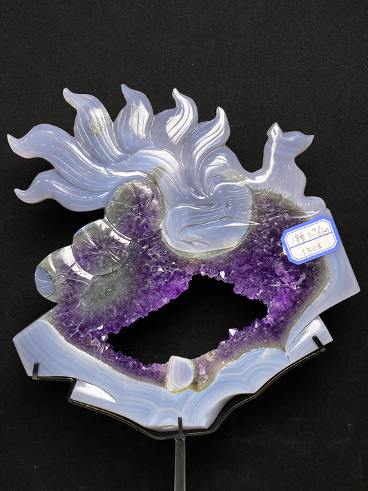Amethyst agate ninetails fox with stand