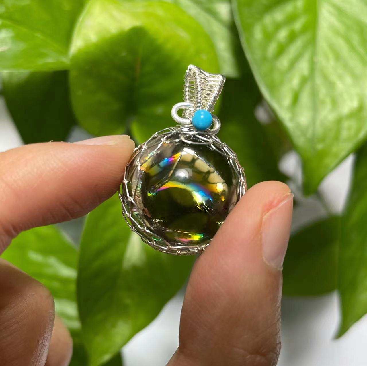 Rainbow smoky quartz and clear quartz pendant