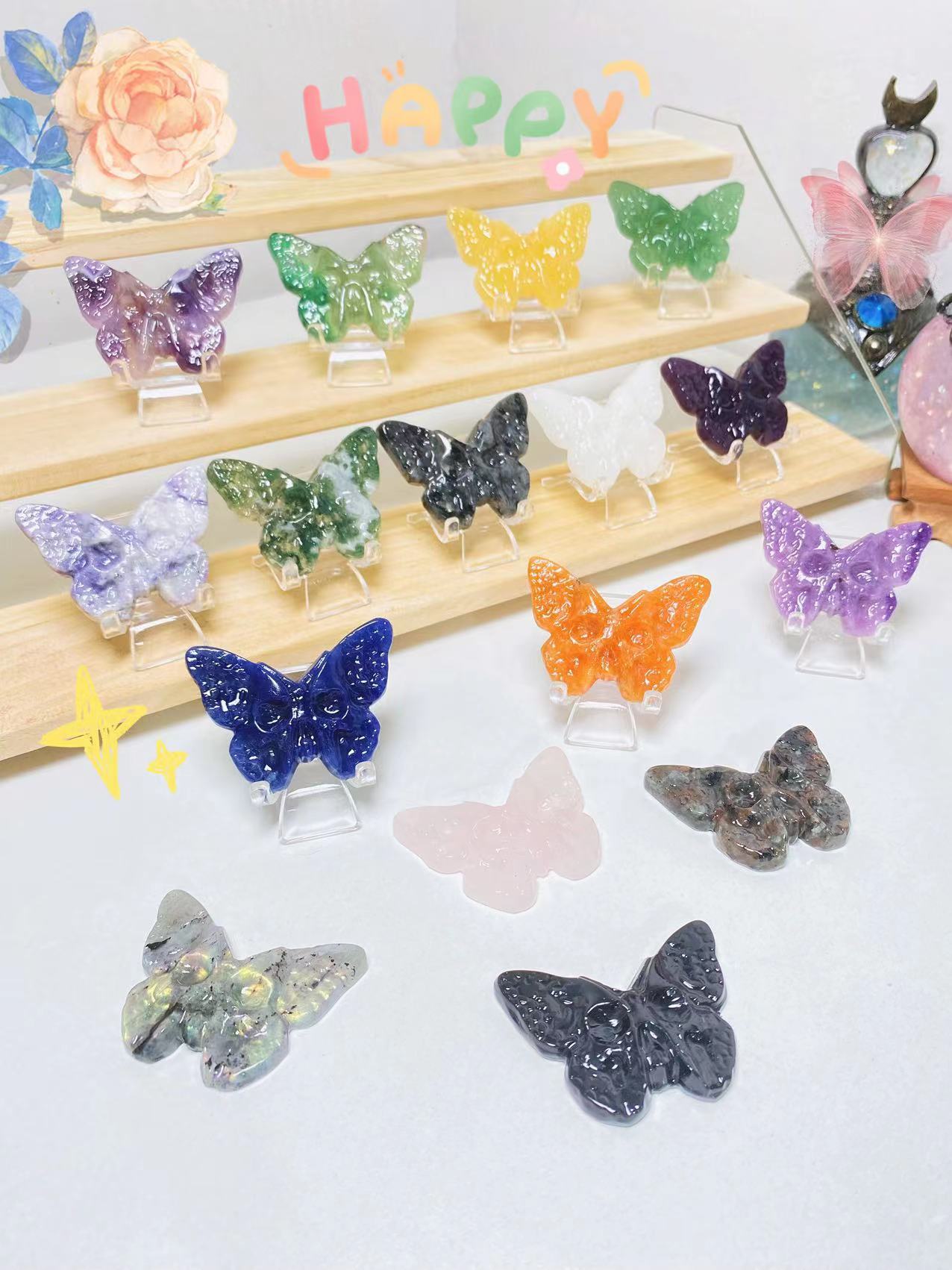 Crystal butterfly skull carvings