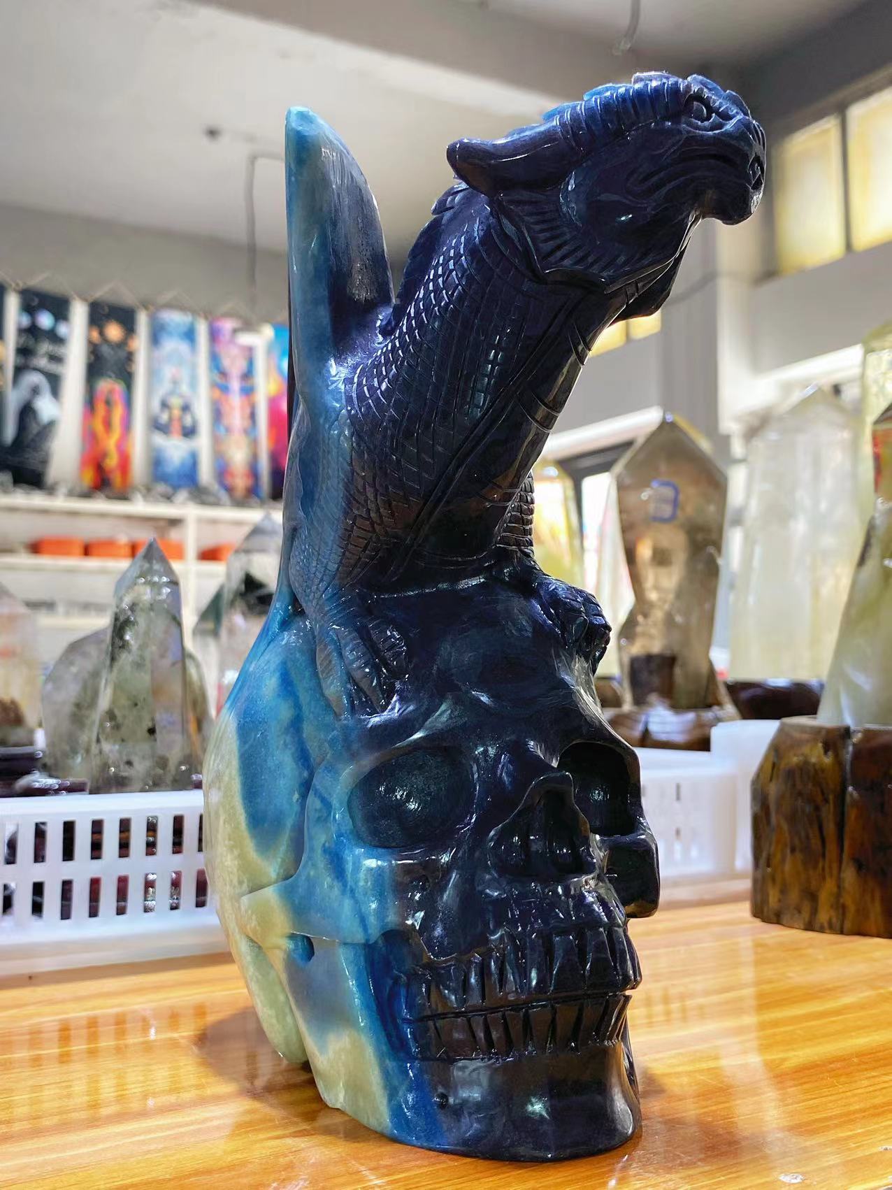 Trolleite skull with flying dragon carving#3071