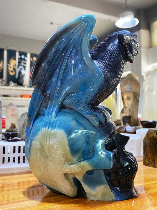 Trolleite skull with flying dragon carving#3071