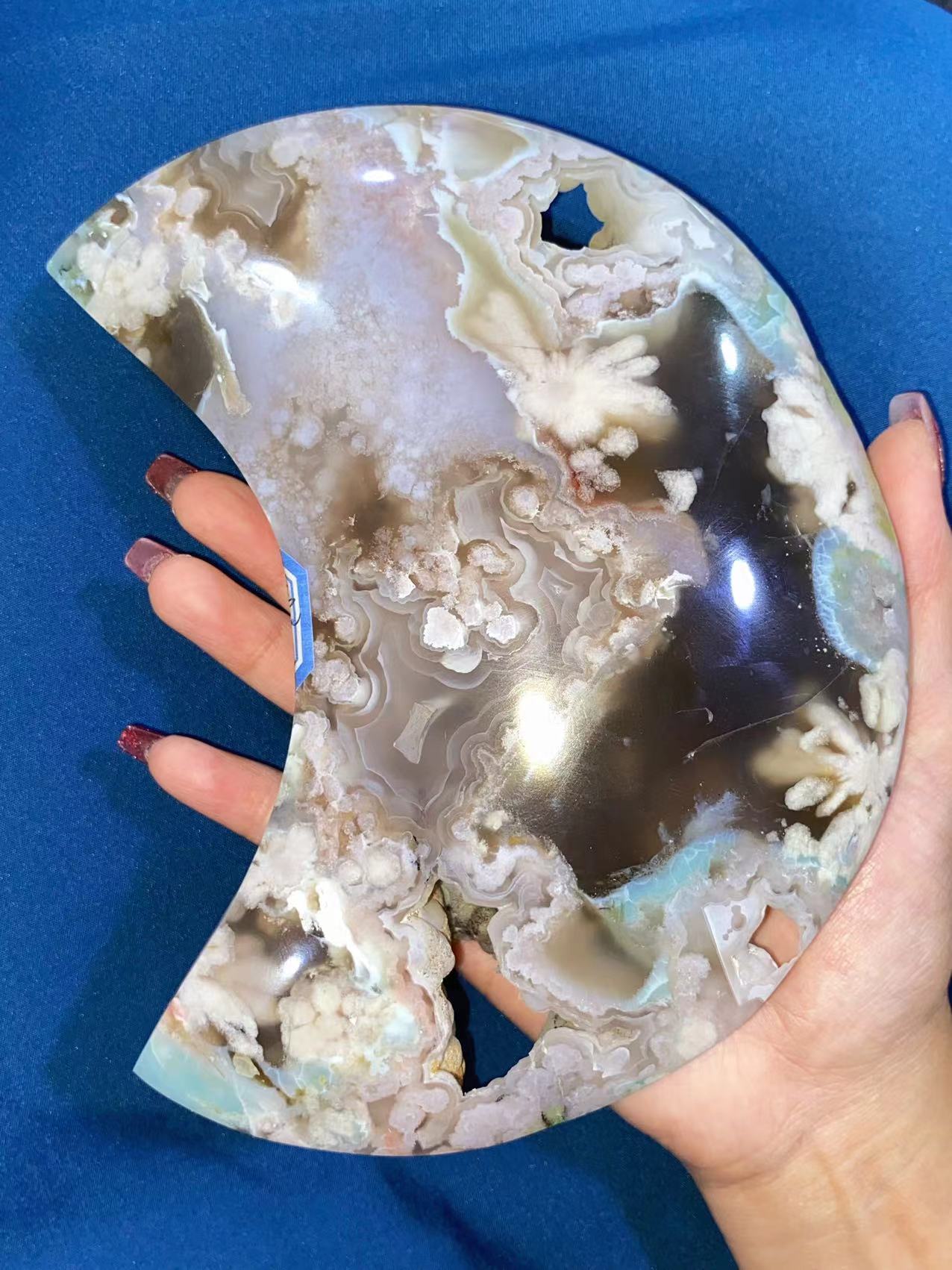 Geode Green Flower Agate moon with black stand#1573