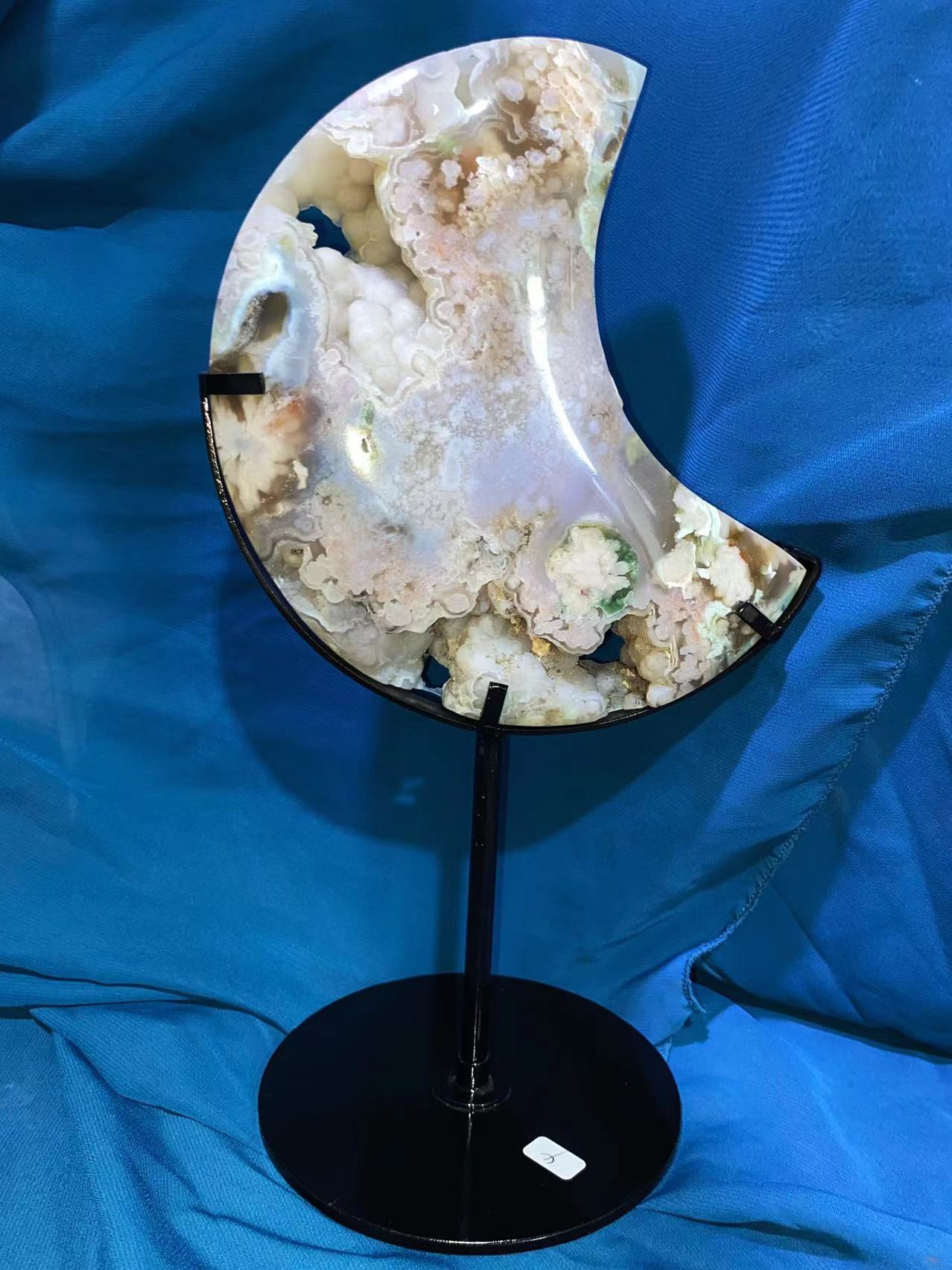 Geode Green Flower Agate moon with black stand#1573