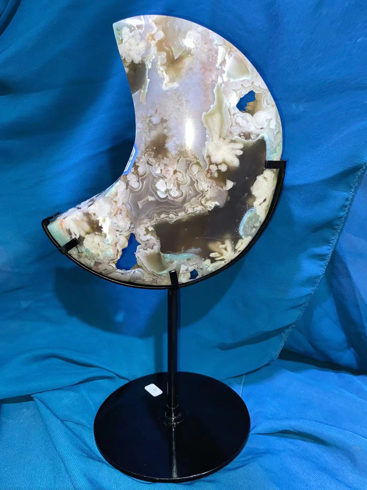 Geode Green Flower Agate moon with black stand#1573
