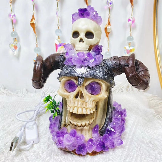 Double skulls with amethyst clusters flower light