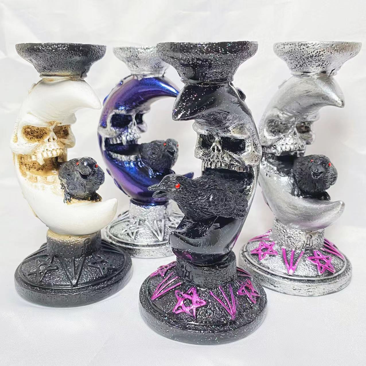 Resin moon skull with raven sphere stand