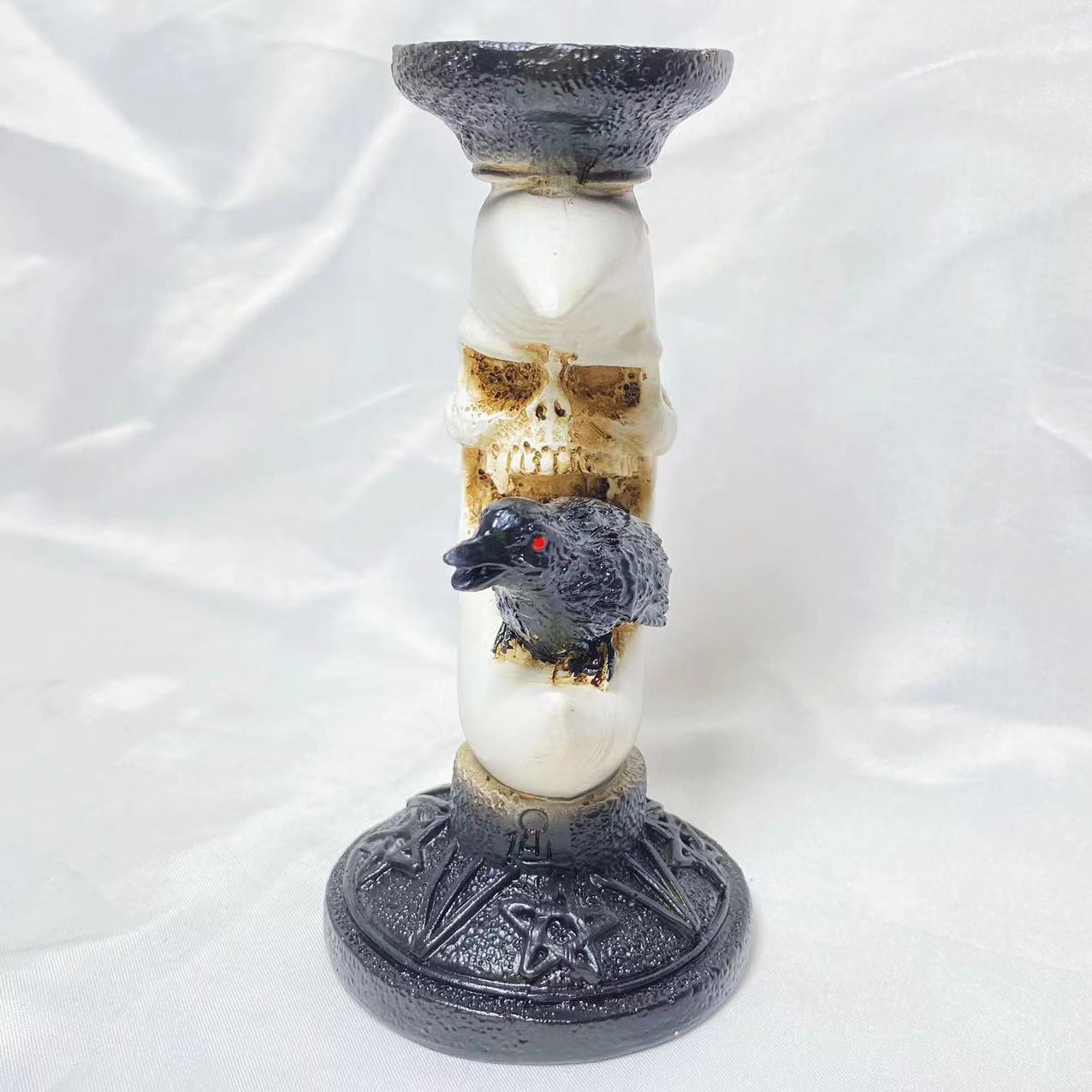 Resin moon skull with raven sphere stand