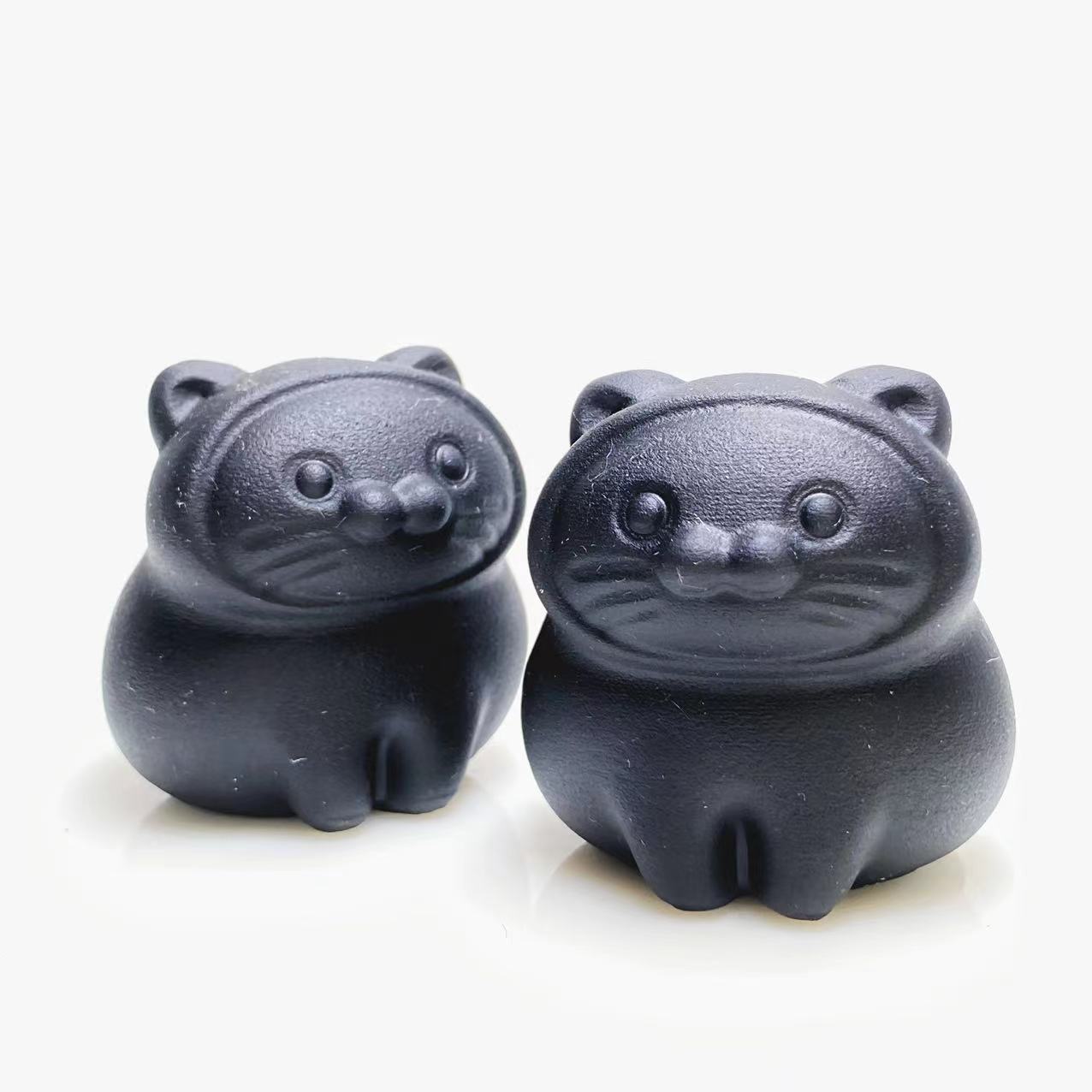 Black obsidian fat cute cat carving