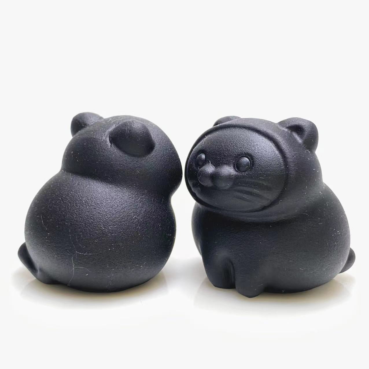 Black obsidian fat cute cat carving