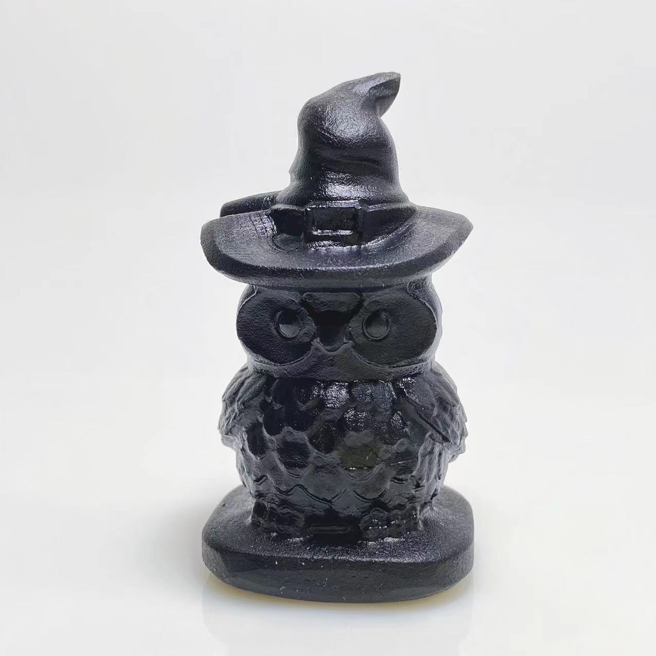 Black obsidian witch hat owl carving