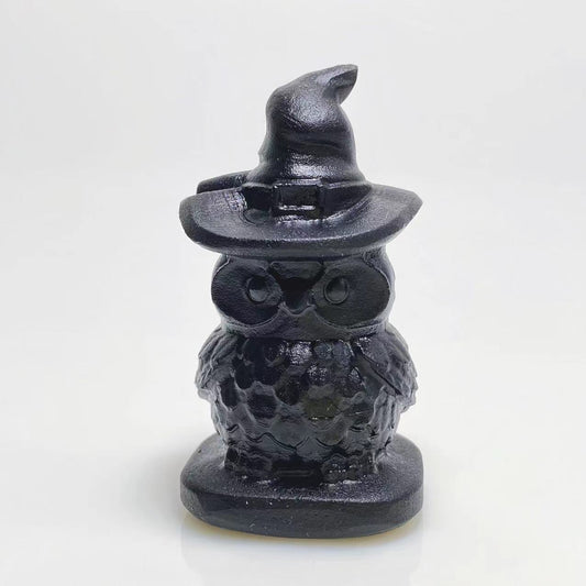 Black obsidian witch hat owl carving