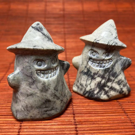 Black vein jasper cute ghost with witch hat carving