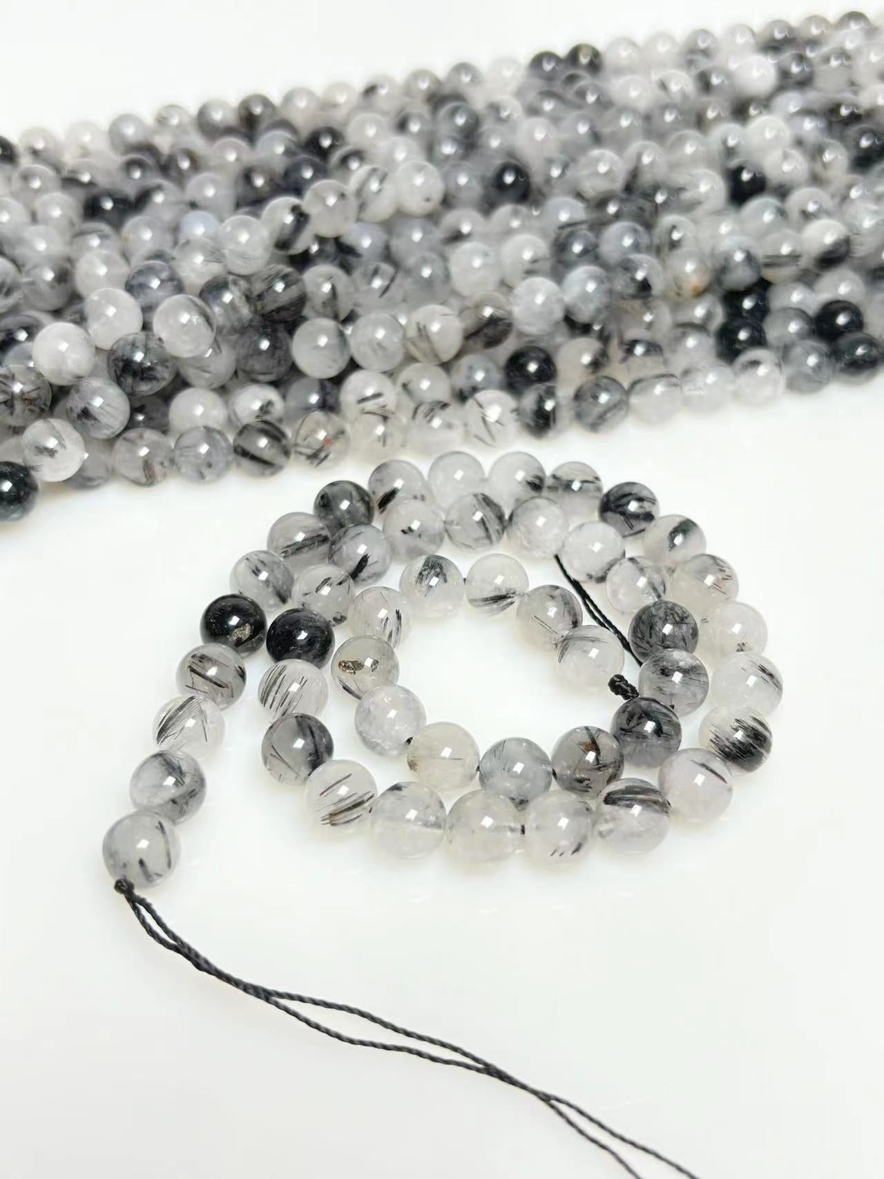 8mm Black tourmaline in quartz beads strand