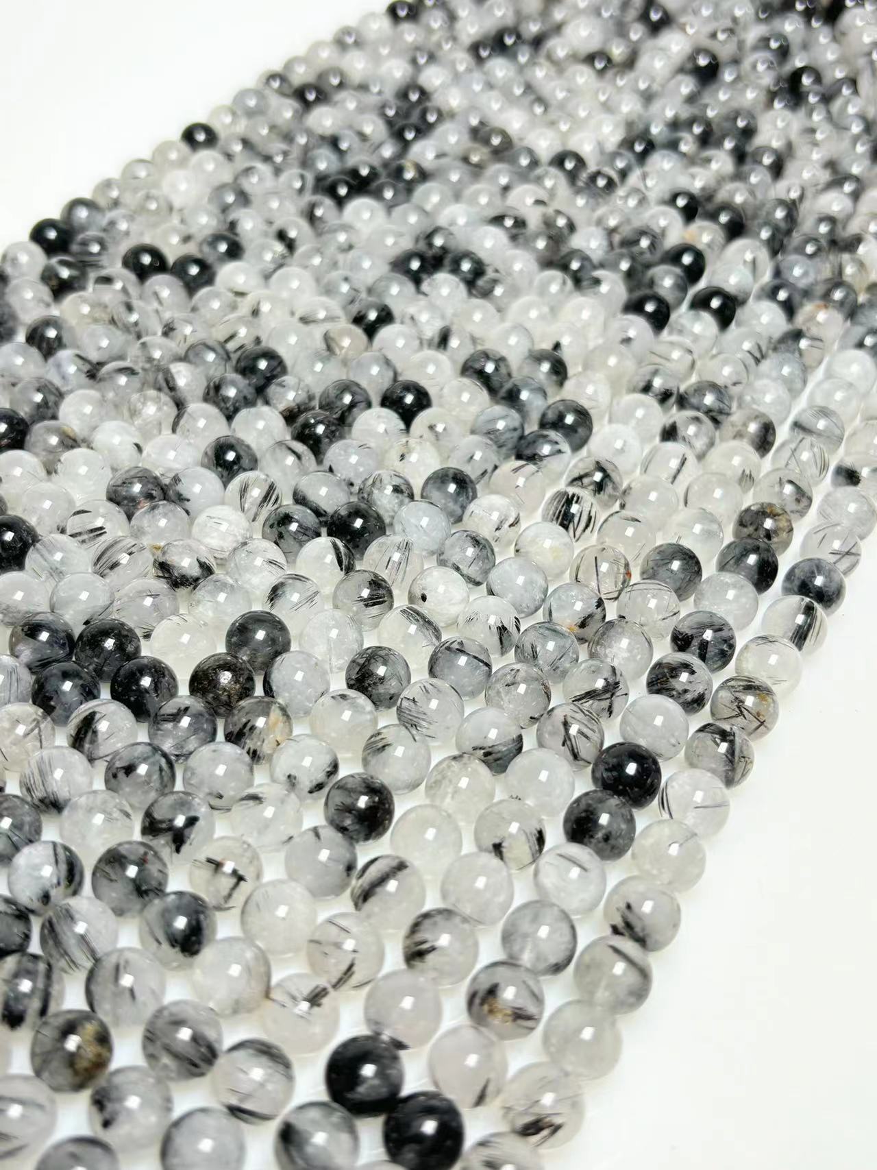 8mm Black tourmaline in quartz beads strand