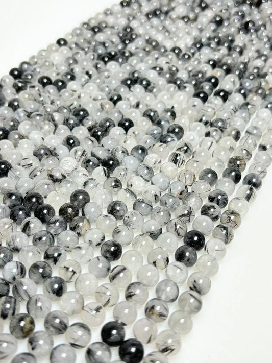 8mm Black tourmaline in quartz beads strand