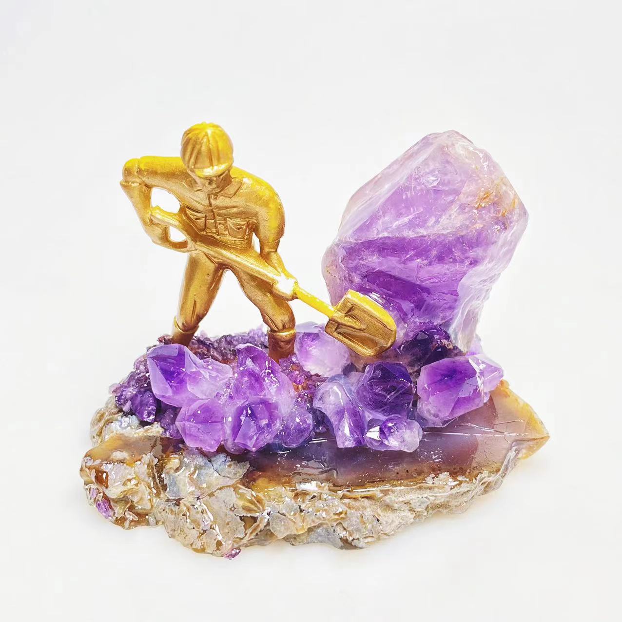 Miner with amethyst clusters freeform